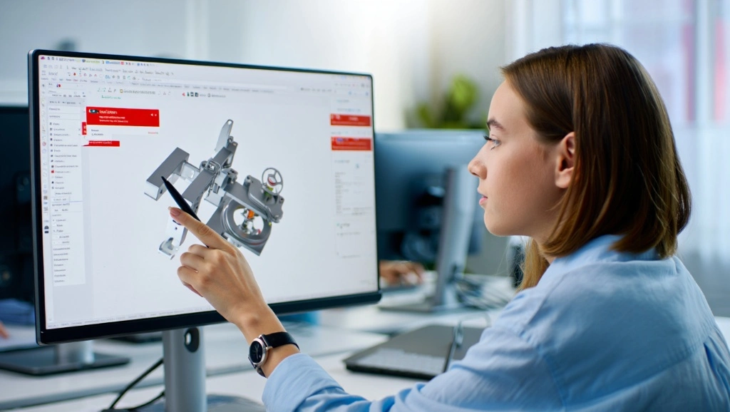 A professional using a stylus to point out specific AI-generated CAD errors on a large computer monitor displaying a 3D mechanical assembly.