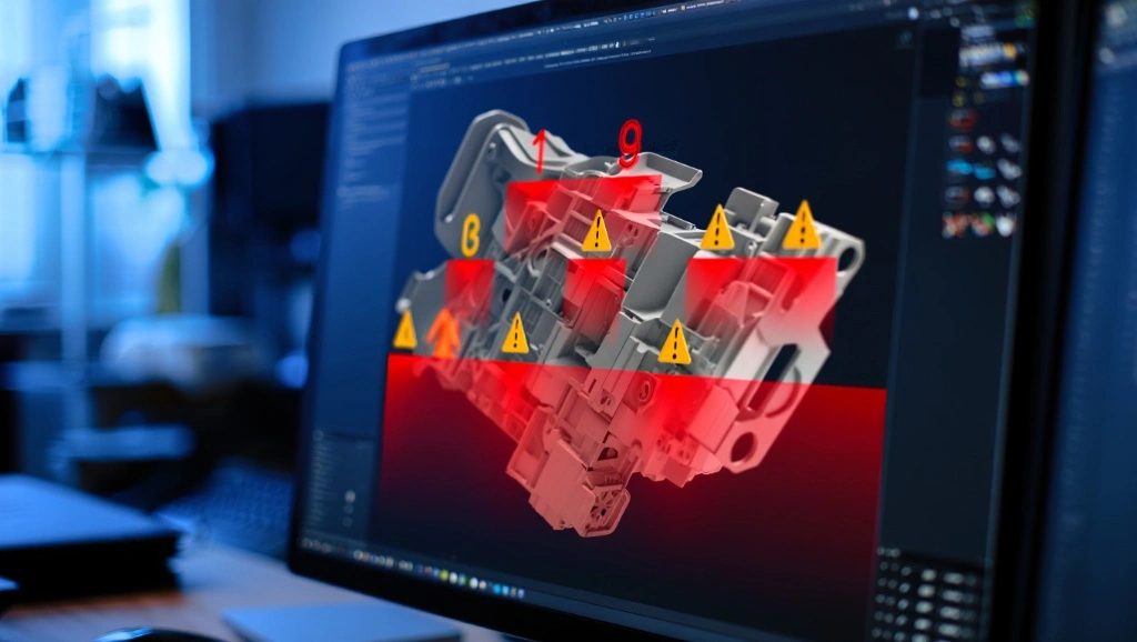 A close-up of a CAD software interface showing a complex 3D part with yellow warning icons and red highlights used to demonstrate how to solve AI-generated CAD errors.