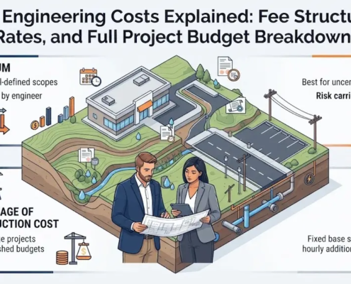 Civil engineering costs breakdown showing lump sum, hourly, percentage, and hybrid fee structures.
