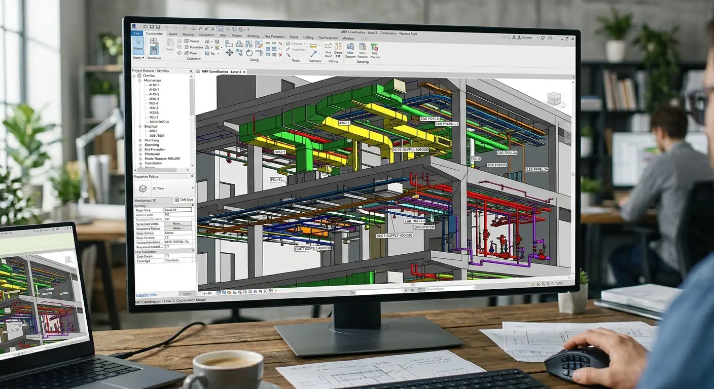 MEP coordination model showing duct routing in school building BIM