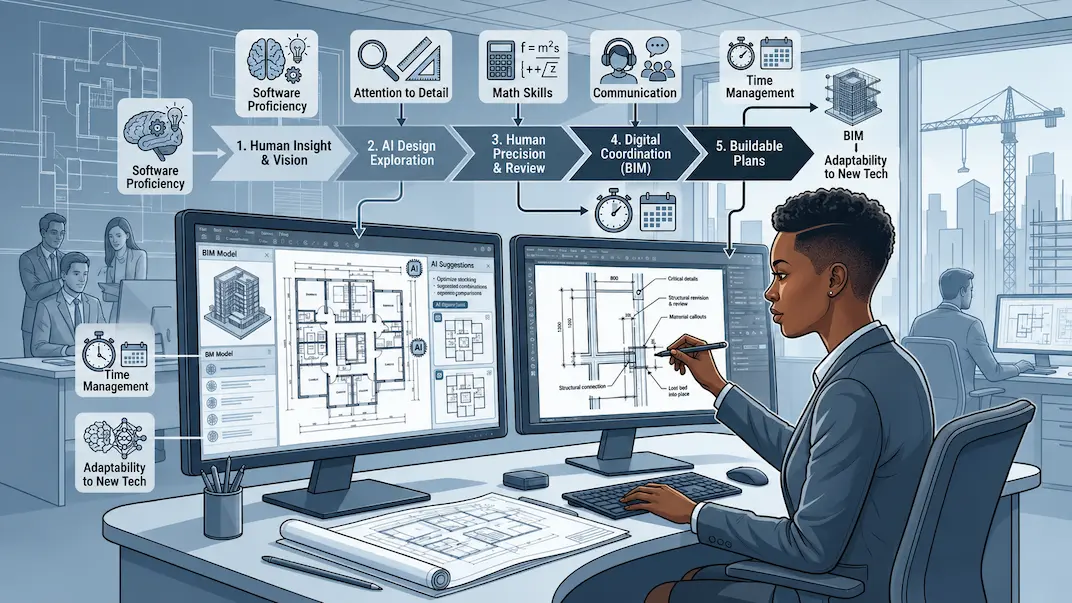 Infographic illustrating a CAD drafter collaborating with AI design tools across dual-monitor workstations in a modern office.