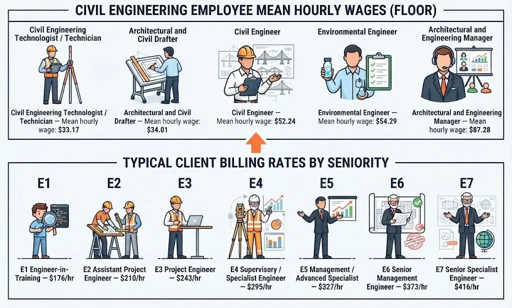 Civil engineering costs explanation showing employee wages and billing rates by seniority.
