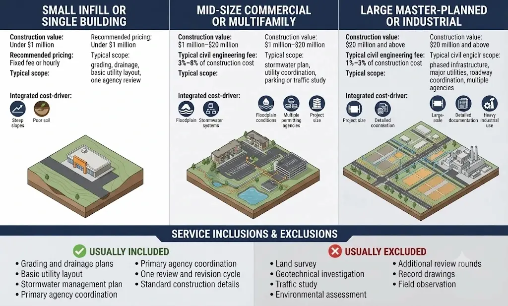Civil engineering project costs by size, including inclusions and exclusions.