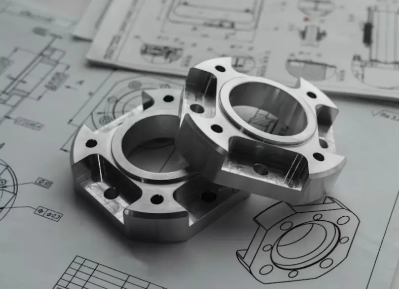 Structural Engineering By CAD Two machined metal mechanical parts resting on top of engineering blueprints and technical drawings.