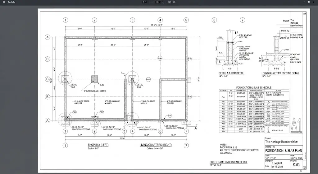 Foundation & Slab Plan
Slab, footing, and pier layout sized for point loads from posts or steel columns alongside the more distributed loads under residential framing.