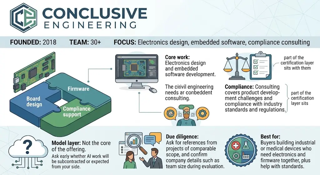 An infographic titled "Conclusive Engineering" presenting its company profile, services, due diligence tips, and best customer fit based on four key pillars: Board Design, Firmware, Compliance Support, and Model Layer.