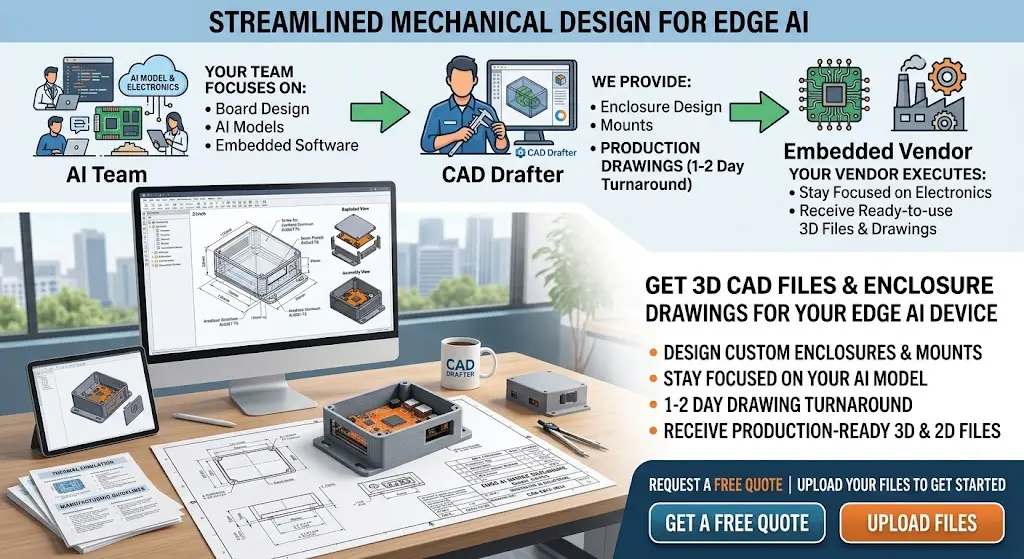 Promotional graphic for CAD Drafter showing a workspace with 3D CAD enclosure models, blueprint drawings, an Edge AI PCB board, and a workflow diagram explaining mechanical design services for Edge AI hardware.