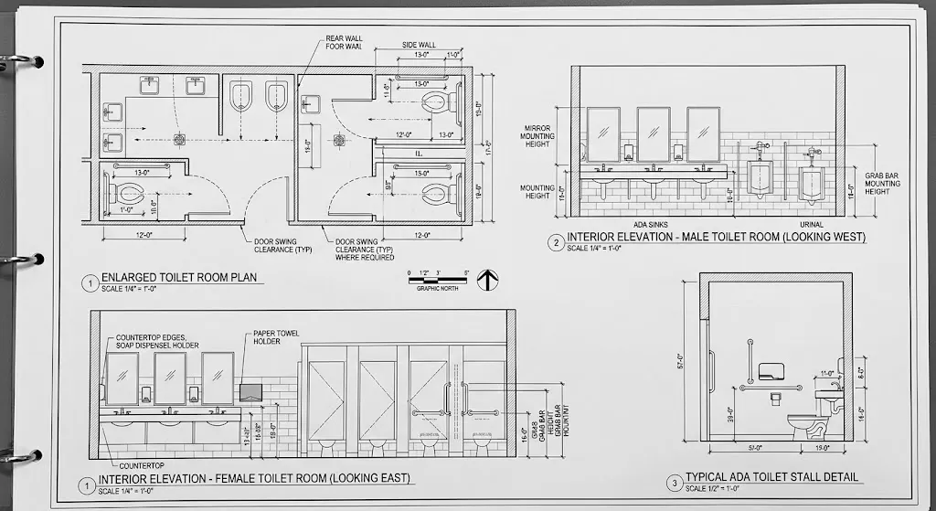 Enlarged Restroom Plans And Interior Elevations
