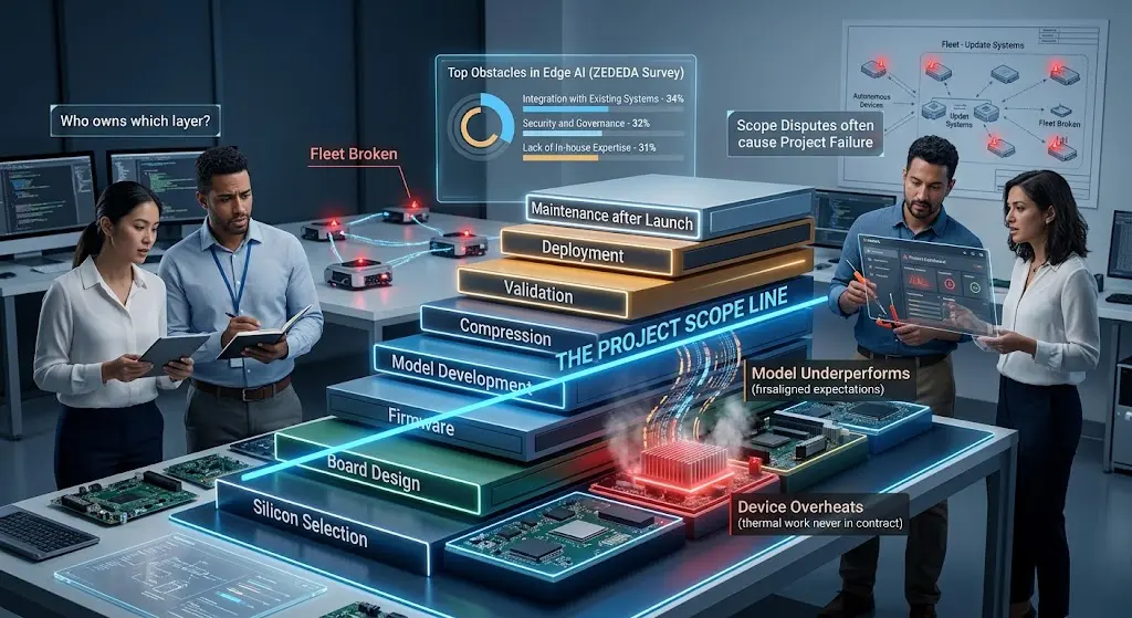 Infographic showing an 8-layer Edge AI architecture stack divided by a diagonal 'Project Scope Line.' Engineers manage layers while callouts highlight failures like overheating and underperforming models, illustrating scope disputes.