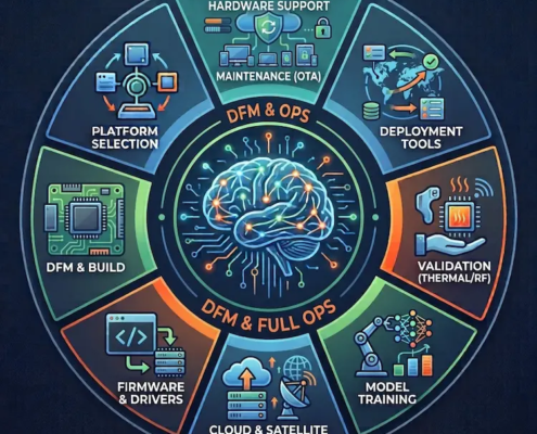 A circular diagram highlighting the 8 key layers of Edge AI development, centered around a glowing neural brain concept.