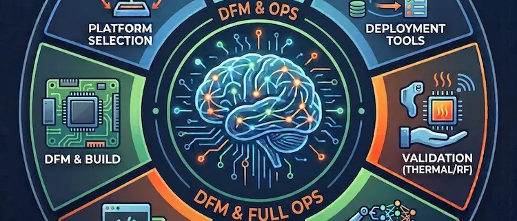 A circular diagram highlighting the 8 key layers of Edge AI development, centered around a glowing neural brain concept.